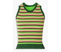 Striped ribbed and crochet-knit tank - Green