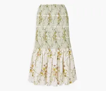 Smocked floral-print stretch-cotton midi skirt - Green