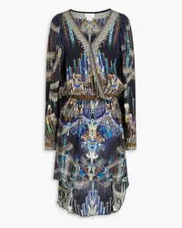 Camilla Wrap-effect crystal-embellished printed silk crepe de chine mini dress - Blue Blue