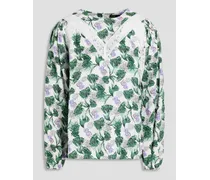 Lace trimmed floral-print woven blouse - Green
