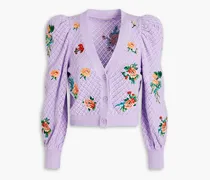 Alice Olivia - Morita cropped embroidered pointelle-knit cotton-blend cardigan - Purple