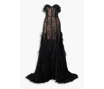 Rosaline strapless velvet-trimmed ruffled lace gown - Black