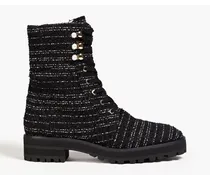 Faux pearl embellished tweed combat boots - Black
