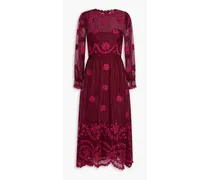 Embroidered layered organza midi dress - Burgundy
