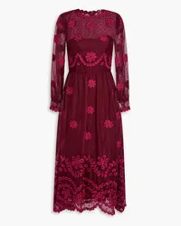 RED Valentino Embroidered layered organza midi dress - Burgundy Burgundy