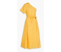 One-shoulder cutout crepe de chine midi dress - Yellow
