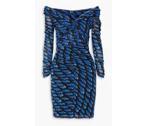 Ganesa off-the-shoulder printed stretch-mesh mini dress - Blue