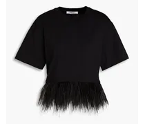 Cropped feather-embellished cotton-jersey T-shirt - Black