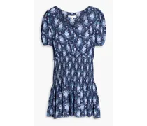 Brickell gathered floral-print crepe de chine mini dress - Blue