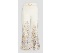 Belted floral-print linen kick-flare pants - White