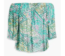 Off-the-shoulder printed voile top - Green