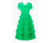 Mae shirred tiered tulle midi dress - Green