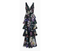 Tiered embellished floral-print chiffon gown - Black