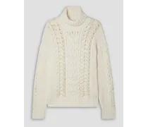 Jacquard-trimmed cable-knit wool turtleneck sweater - White