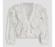 Cropped ruffled striped linen-blend gauze shirt - White