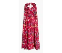 Cape-effect floral-print charmeuse gown - Red