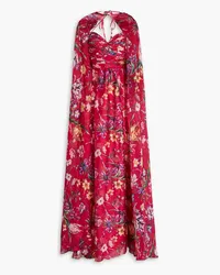 Marchesa Cape-effect floral-print charmeuse gown - Red Red