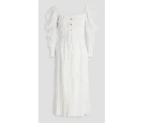 Bow-detailed crinkled cotton-blend jacquard midi dress - White