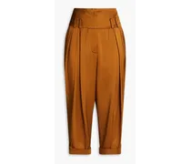 Cropped pleated crepe-satin tapered pants - Brown