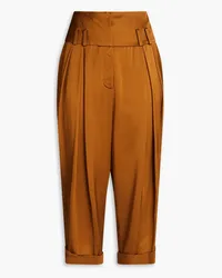 Balmain Cropped pleated crepe-satin tapered pants - Brown Brown