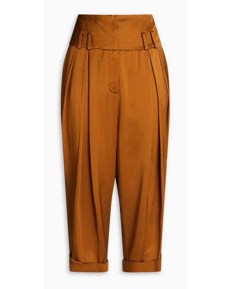 Balmain Cropped pleated crepe-satin tapered pants - Brown Brown