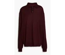 Oversized suede-trimmed wool polo sweater - Burgundy