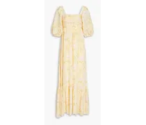 Ruched floral-print crepe de chine maxi dress - Yellow