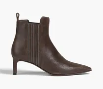 Bead-embellished textured-leather ankle boots - Brown