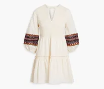 Coco shirred embroidered cotton-poplin mini dress - White