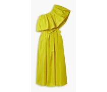One-shoulder ruffled belted silk-taffeta midi dress - Yellow
