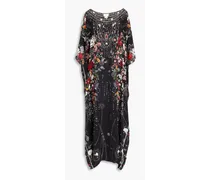 Embellished floral-print silk crepe de chine kaftan - Black
