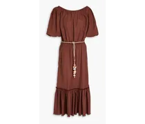 Belted linen and cotton-blend maxi dress - Brown