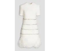 Feather-embellished knitted mini dress - White