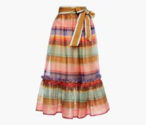 Gathered striped silk-organza midi skirt - Brown