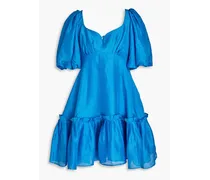 Gathered slub linen and silk-blend mini dress - Blue