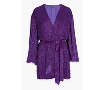 Gabrielle velvet-trimmed sequined chiffon mini wrap dress - Purple