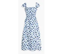 Shirred floral-print cotton midi dress - Blue