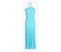 Ruched textured-knit halterneck maxi dress - Blue