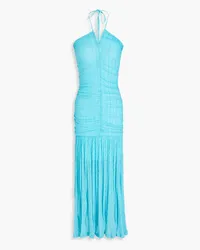 Ganni Ruched textured-knit halterneck maxi dress - Blue Blue