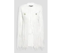Fringed button-embellished chiffon-paneled tweed jacket - White