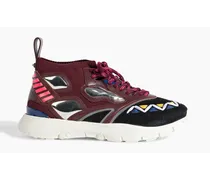 Embellished mesh, leather and suede sneakers - Burgundy