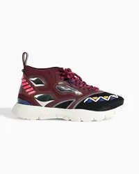 Valentino Garavani Geo embellished mesh, leather and suede sneakers - Burgundy Burgundy