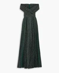 Talbot Runhof Off-the-shoulder glittered metallic voile gown - Green Green