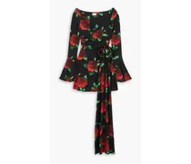 Off-the-shoulder appliquéd floral-print stretch-crepe mini dress - Black