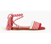 Tasseled striped faux raffia sandals - Red