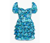 Ruffled floral-print chiffon mini dress - Blue