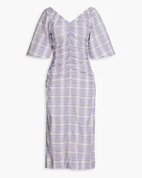 Ganni Ruched checked cotton-blend seersucker midi dress - Purple Purple