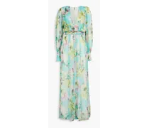 Gathered floral-print crepon gown - Green