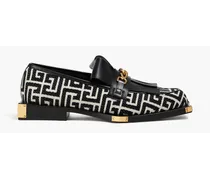 Chain-embellished leather and jacquard loafers - Black