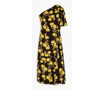 One-shoulder floral-print crepe midi dress - Black